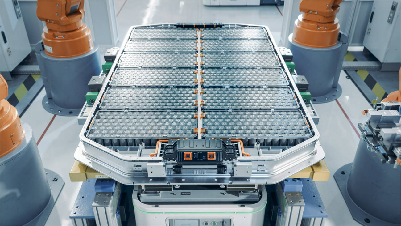 EV batteries on a production line